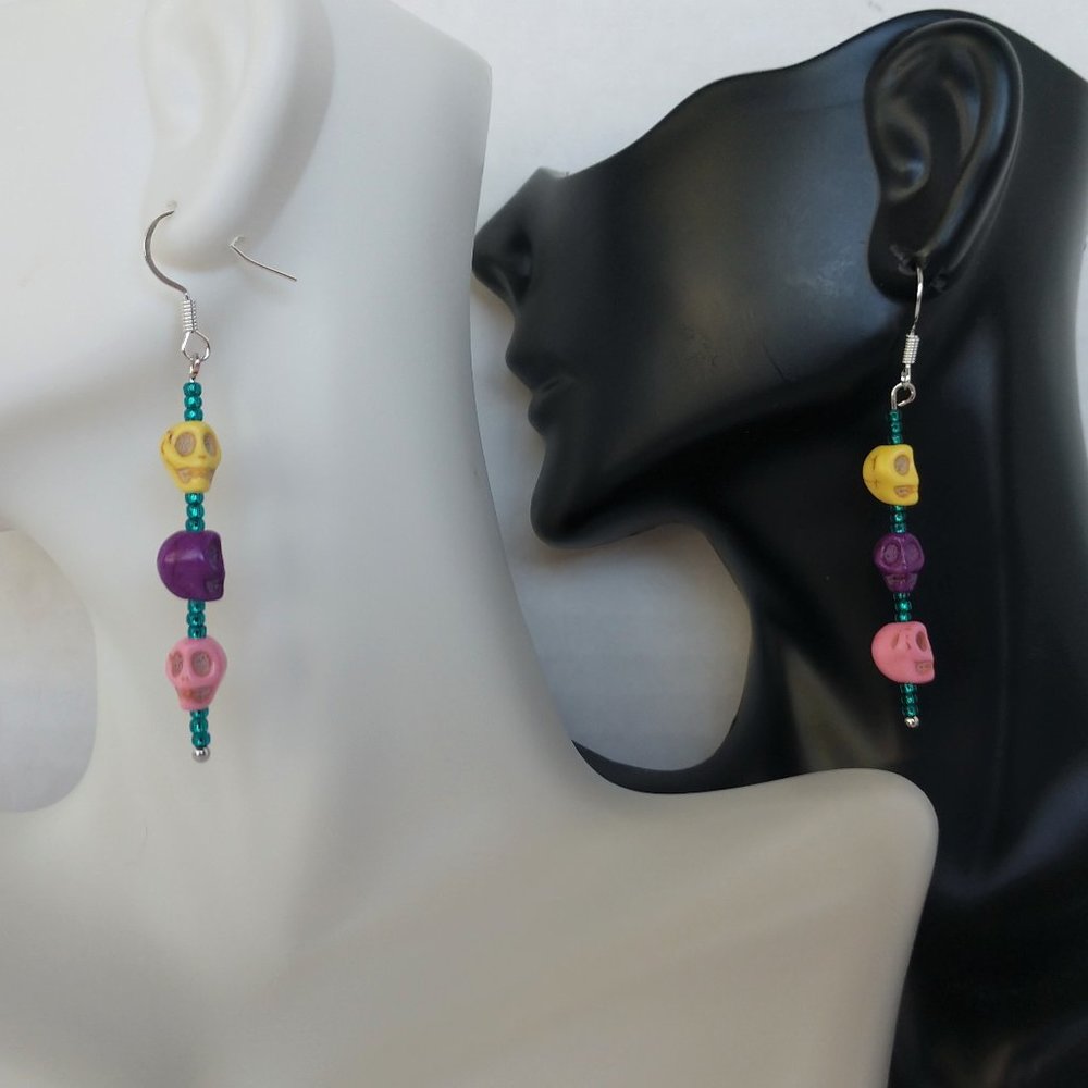 Handmade Dia De Muertos Earrings with Yellow Pink Purple Stone Skull Beads NWT